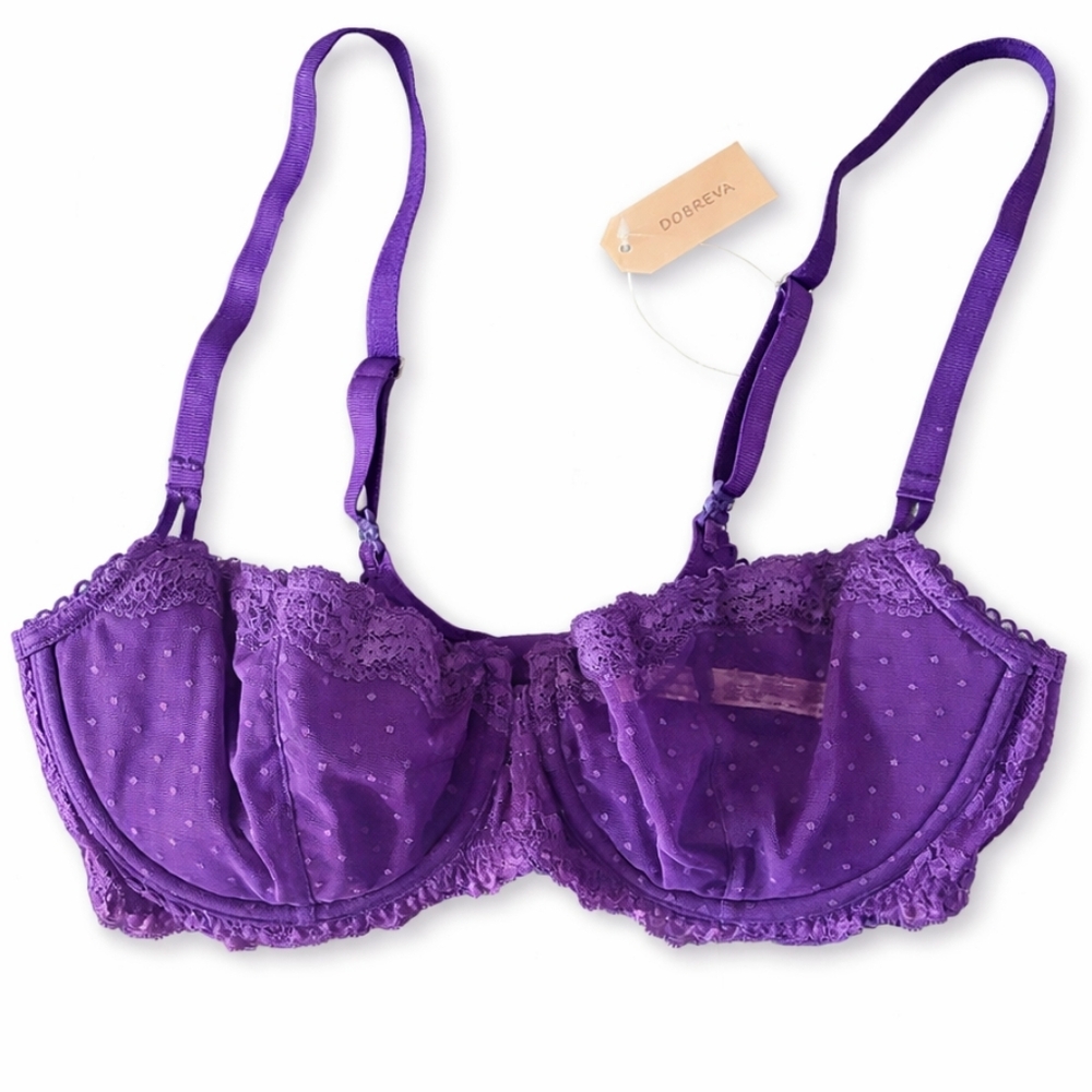 NWT Dobreva 38C Purple Lace Balconette Underwire Bra Half Cup Sheer Dotted